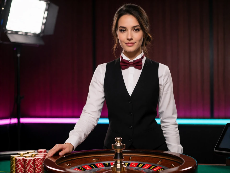 Live-Dealerin an einem beleuchteten Roulette-Tisch im Streaming-Studio mit Chips auf gr&uuml;nem Filz - Live Casino Deutschland bei V.Vegas