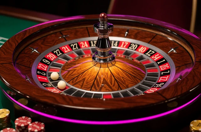 Roulette-Kessel mit wei&szlig;er Kugel im roten Fach und Chips auf gr&uuml;nem Filz - Live Roulette im V.Vegas Live Casino