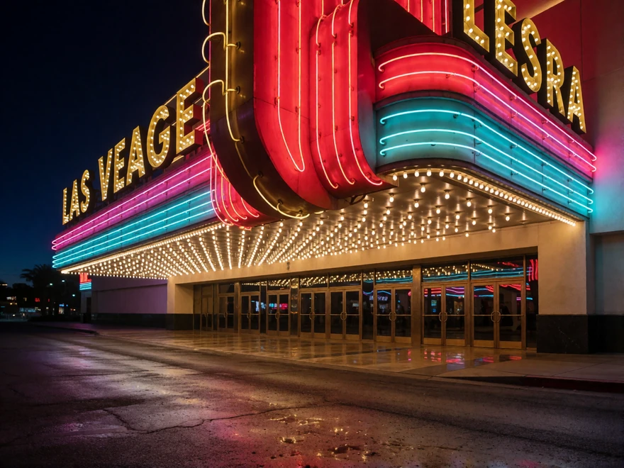 Neonbeleuchtete Casino-Fassade im Las-Vegas-Stil bei Nacht mit roten Leuchtschriften und Marquee-Lampen - Symbol f&uuml;r ein seri&ouml;ses Online Casino