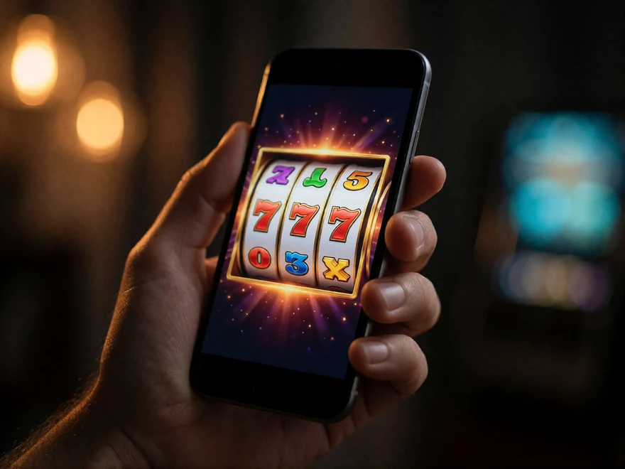 Hand h&auml;lt Smartphone mit drehenden Slot-Walzen im abgedunkelten Raum - mobile Einzahlung und schnelle Auszahlung bei V.Vegas