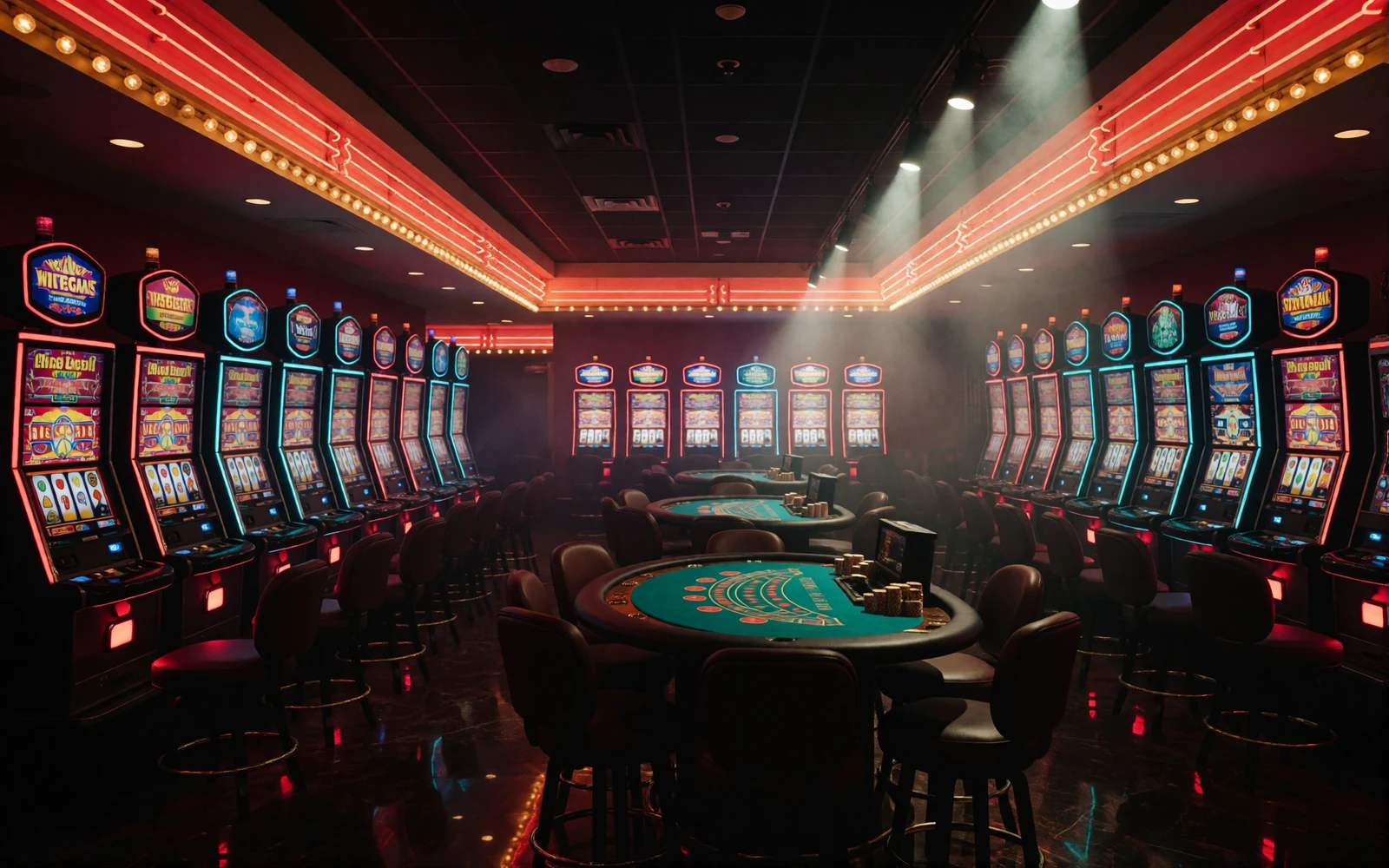 Weiter Blick &uuml;ber einen Vegas-Casinosaal mit Reihen leuchtender Slot-Automaten und Spieltischen - &Uuml;berblick &uuml;ber die Casino Spiele bei V.Vegas