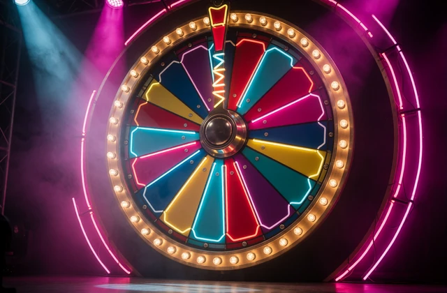 Beleuchtetes Gl&uuml;cksrad einer Live-Game-Show im Studio mit Neonlicht - Game Shows im Live Casino von V.Vegas