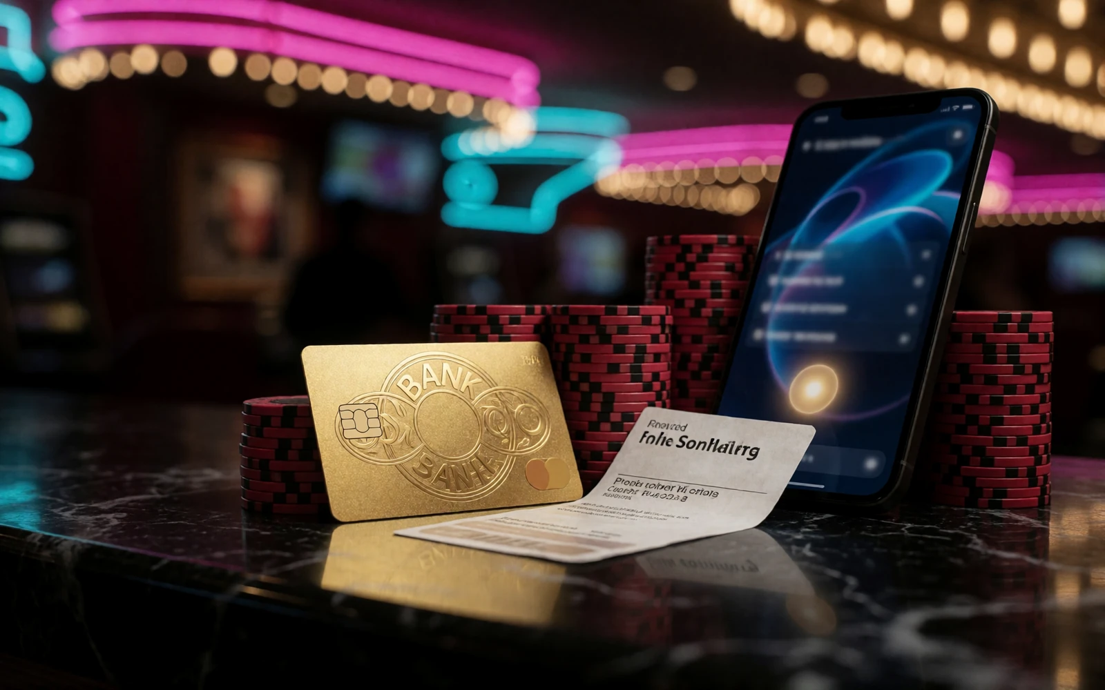 Bankkarte, Prepaid-Gutschein und Smartphone mit Banking-App auf schwarzem Marmor vor Neonlicht - Zahlungsmethoden im V.Vegas Online Casino