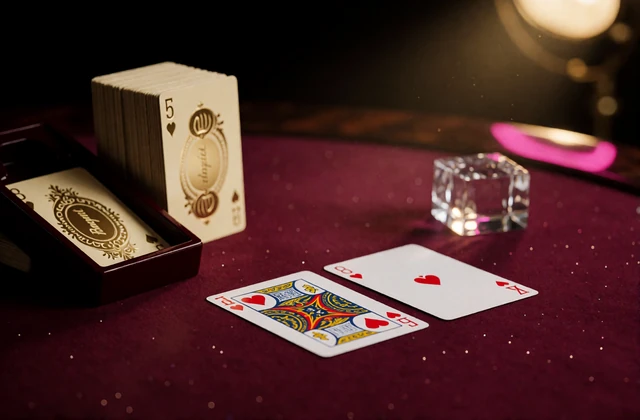 Baccarat-Tisch mit verdeckten Karten, Kartenschlitten und goldenen Plaques - Baccarat online casino bei V.Vegas