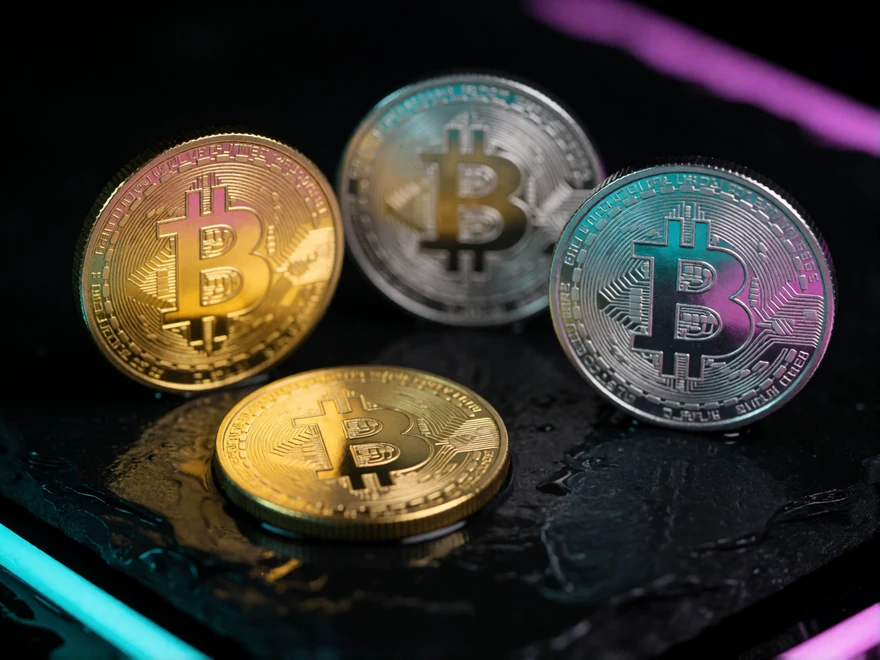 Vier metallische Krypto-M&uuml;nzen auf nasser schwarzer Schieferplatte im Neonlicht - Bitcoin, Ethereum, Litecoin und Dogecoin als Zahlungsweg im Casino