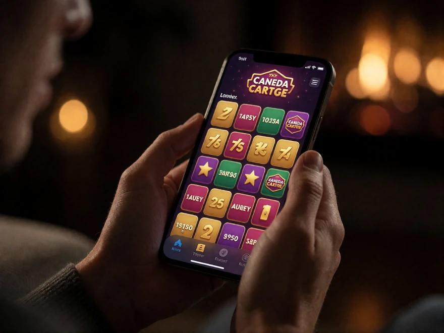 H&auml;nde halten ein Smartphone mit ge&ouml;ffneter Casino-Lobby im dunklen Raum - mobile Casino Spiele bei V.Vegas ohne Download